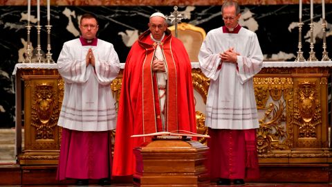 Pope Francis attends the funeral Mass of Cardinal Bernard Law on Thursday, December 21, at St. Peter's Basilica in Vatican City.