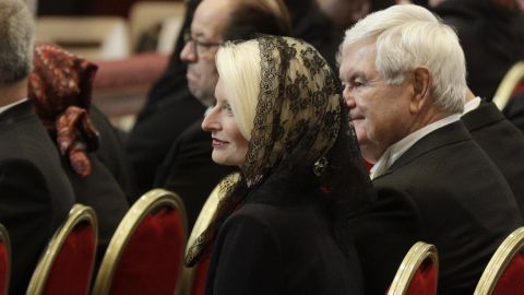 Callista Gingrich, the US ambassador-designate to the Holy See, and her husband, Newt Gingrich, attend a funeral service Thursday for Cardinal Bernard Law at St. Peter's Basilica.