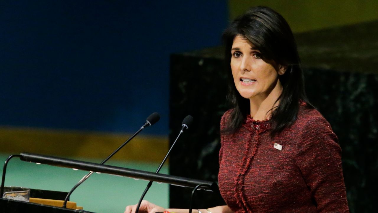 United States Ambassador to the United Nations, Nikki Haley, addresses the General Assembly prior to the vote on Jerusalem, on December 21, 2017, at UN Headquarters in New York.
UN member-states were poised to vote on a motion rejecting US recognition of Jerusalem as Israel's capital, after President Donald Trump threatened to cut funding to countries that back the measure. / AFP PHOTO / EDUARDO MUNOZ ALVAREZ (Photo credit should read EDUARDO MUNOZ ALVAREZ/AFP/Getty Images)