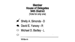 This image provided by the City of Newport News via The Virginian-Pilot shows a copy of the ballot at the center of a recount election dispute. A three-judge panel in Virginia certified the 94th District in Newport News as tied Wednesday, Dec. 20, 2017. Ezra Reese, an attorney for Democrat Shelly Simonds, argued that under the guidelines, the ballot should remain uncounted because it contained more than one type of extra marking. Trevor Stanley, a lawyer for Republican Del. David Yancey, argued that the slash in Simonds' bubble clearly meant that the voter was picking Yancey. The judges ruled in Yancey's favor. (City of Newport News/The Virginian-Pilot via AP)