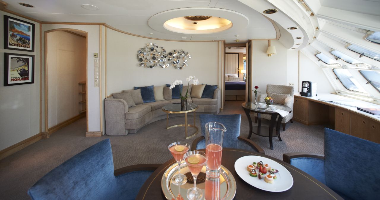 At 575 square feet, Windstar Owner's Suites provide sweeping ocean views as well as a separate living room and dining area.
