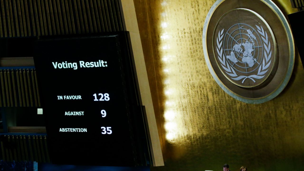 The results of the vote on Jerusalem are seen on a display board at the General Assembly hall, on December 21, 2017, at UN Headquarters in New York.
UN member-states were poised to vote on a motion rejecting US recognition of Jerusalem as Israel's capital, after President Donald Trump threatened to cut funding to countries that back the measure. / AFP PHOTO / EDUARDO MUNOZ ALVAREZ (Photo credit should read EDUARDO MUNOZ ALVAREZ/AFP/Getty Images)