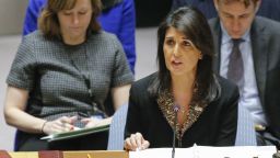 US Ambassador to the UN Nikki Haley speaks during a UN Security Council meeting over the situation in the Middle East on December 18, 2017, at UN Headquarters in New York.  The UN Security Council is to vote on a draft resolution rejecting US President Donald Trump's recognition of Jerusalem as the capital of Israel. / AFP PHOTO / KENA BETANCUR        (Photo credit should read KENA BETANCUR/AFP/Getty Images)