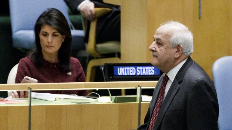 US Ambassador to the United Nations Nikki Haley and Riyad Mansour, the permanent observer of Palestine to the UN, attend a General Assembly meeting in New York on Thursday, December 21. The UN <a href="http://www.cnn.com/2017/12/21/politics/haley-un-jerusalem/index.html" target="_blank">voted overwhelmingly to condemn</a> US President Donald Trump's decision to recognize Jerusalem as the capital of Israel, despite threats from the United States to pull funding from the world body.