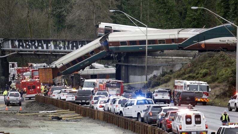 Cars from an Amtrak train spill onto Interstate 5 after the passenger train <a href="http://www.cnn.com/2017/12/20/us/amtrak-derailment-washington/index.html" target="_blank">derailed near DuPont, Washington</a>, on Monday, December 18. The Cascades 501 train was traveling at 80 mph in a 30-mph zone when it crashed, killing three and injuring some 100 others.