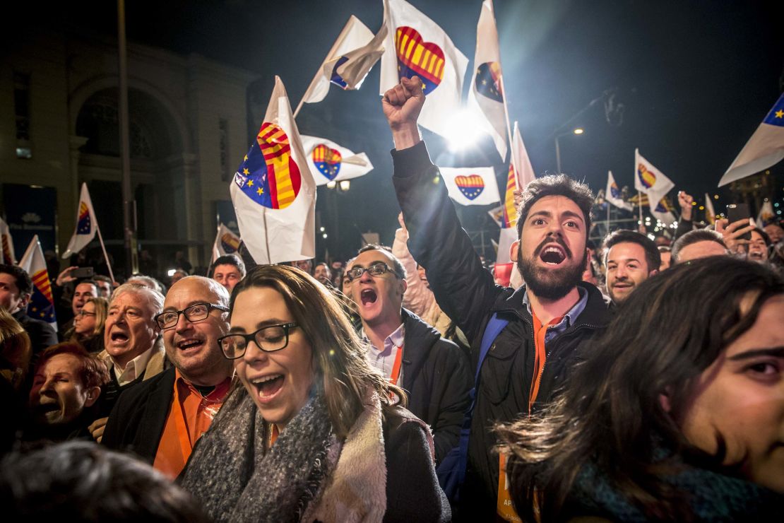 Supporters wave flags and banners at the Ciutadans party headquarters as they celebrate the results of the election Thursday.