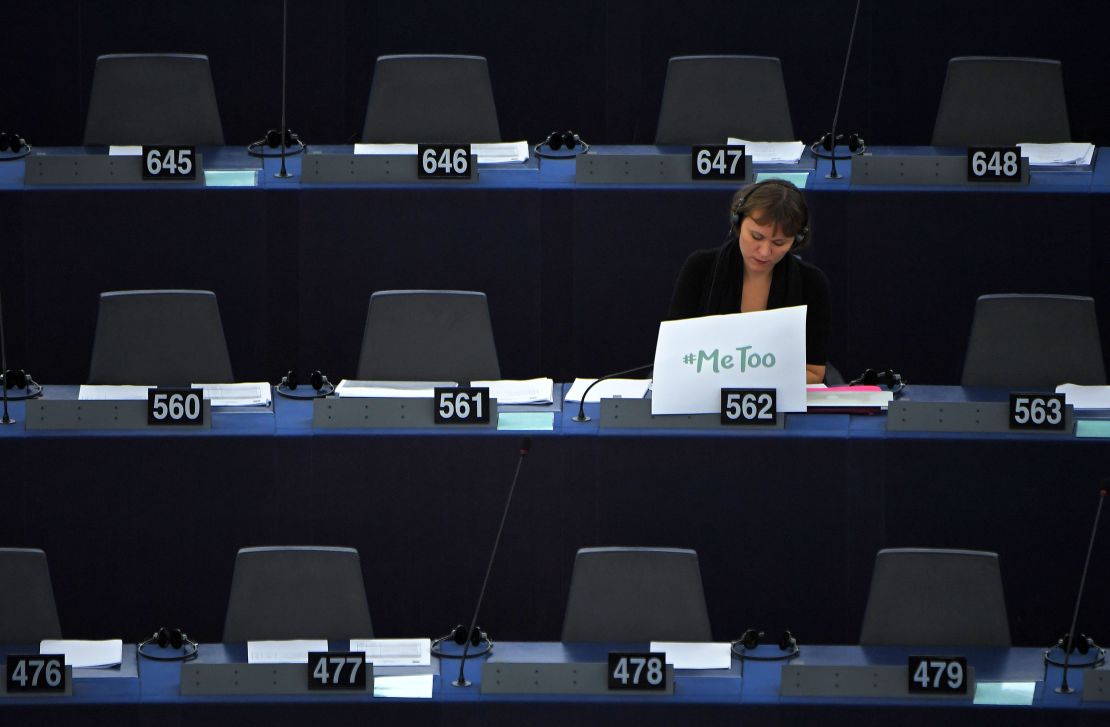 Swedish MEP Linnéa Engström sits behind a placard placed on her desk that reads "Me too" during a debate about combating sexual harassment and abuse in the EU at the European Parliament in October.