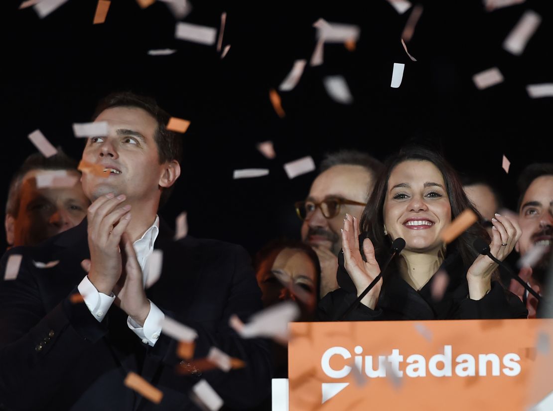 Center-right party Ciudadanos (Citizens) candidate Inés  Arrimadas (R) celebrates the poll results in the Catalan regional election. The party is known locally as Ciutadans