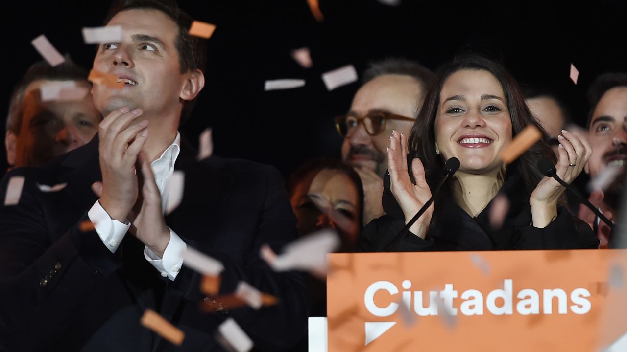 Center-right party Ciudadanos (Citizens) candidate Inés Arrimadas (R) celebrates the poll results in the Catalan regional election. The party is known locally as Ciutadans