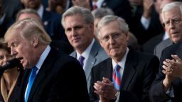 House Majority Leader Kevin McCarthy (R-CA) (2L), Senate Majority Leader Senator Mitch McConnell (R-KY) (C), Vice President Mike Pence (2R), Speaker of the House Paul Ryan (R-WI) (R) and others listen while President Donald Trump speaks about newly passed tax reform legislation December 20, 2017, in Washington, DC. BRENDAN SMIALOWSKI/AFP/Getty Images