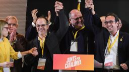 BARCELONA, SPAIN - DECEMBER 21:  Junts Per Catalunya candidates celebrate during a press conference following the Catalan regional election in on December 21, 2017in Barcelona, Spain. Catalan separatist parties were on course to win an absolute parliamentary majority in a crucial regional vote Thursday, official partial results showed, with ninety-five percent of the ballots counted.  (Photo by Jeff J Mitchell/Getty Images)