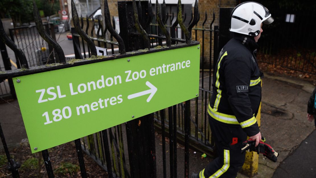 A firefighter leaves the area after a blaze Saturday at ZSL London Zoo.