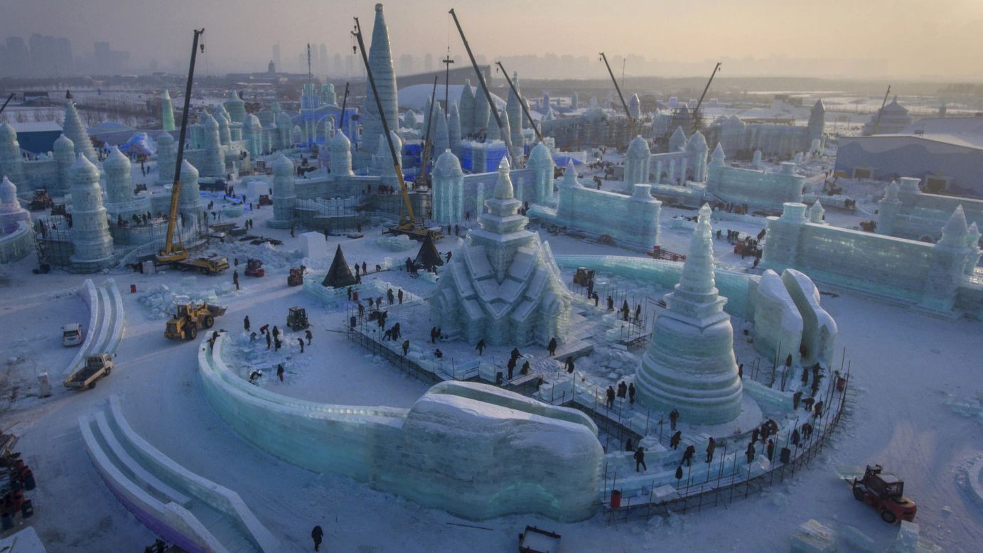 <strong>Harbin, China:</strong> The Harbin International Snow and Ice Festival, famed for its gigantic illuminated sculptures, is about to kick off in northern China. This construction photo was taken on December 16. 