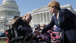 WASHINGTON, DC - MARCH 09:  Sen. Debbie Stabenow (D-MI) (R) thanks Kent Keyser following a news conference with people who may be negatively affected by the proposed American Health Care Act, the Republicans' attempt to repeal and replace Obamacare, outside the U.S. Capitol March 9, 2017 in Washington, DC. Stabenow and fellow Democratic and Independent senators urged Republicans to drop their healthcare legislation, saying it would disproportionally affect people with disabilities and women and small business owners.  (Photo by Chip Somodevilla/Getty Images)
