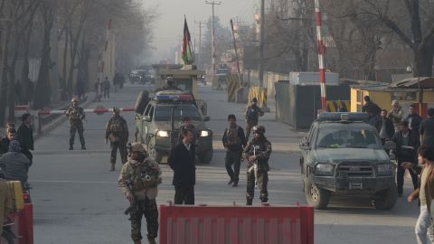 Afghan security personnel near the site of a suicide attack in Kabul.
