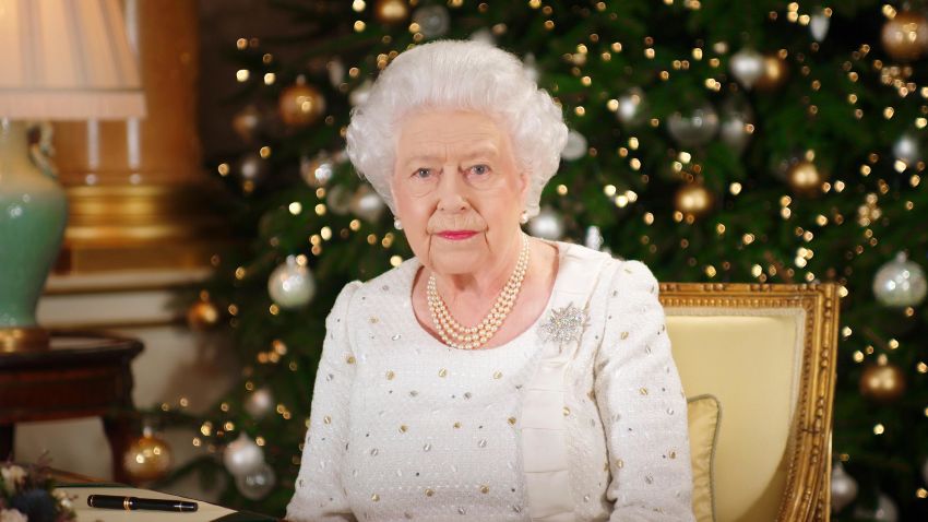 LONDON, UNITED KINGDOM - In this undated image supplied by Sky News, Queen Elizabeth II sits at a desk in the 1844 Room at Buckingham Palace, as she records her Christmas Day broadcast to the Commonwealth at Buckingham Palace, London.  (Photo by Sky News via Getty Images)