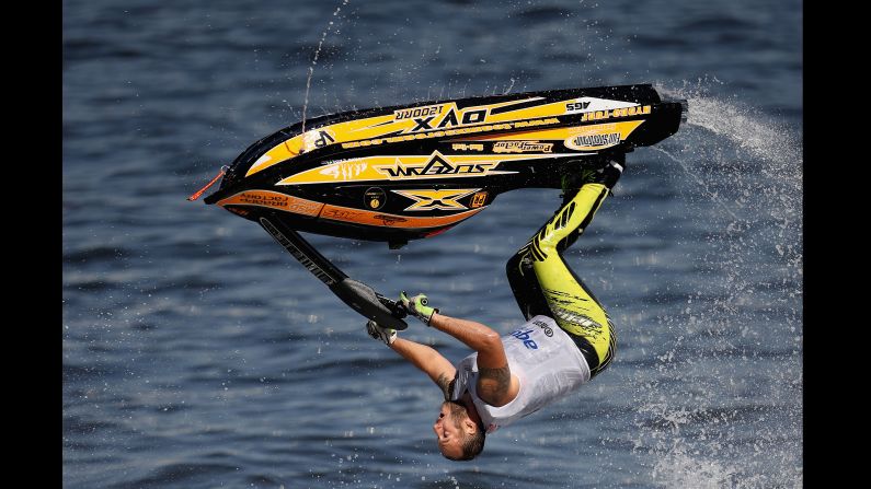 Jaroslav Tirner of the Czech Republic competes in the freestyle competition at the UIM-ABP Aquabike World Championship in Sharjah, United Arab Emirates, on Tuesday, December 19.