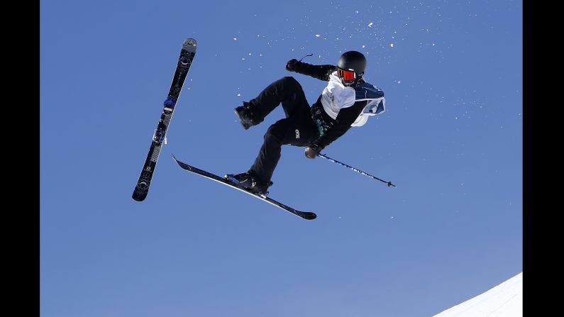 Tyler Harding of Great Britain crashes during the FIS Freestyle Skiing World Cup in Font-Romeu, France, on Saturday, December 23.
