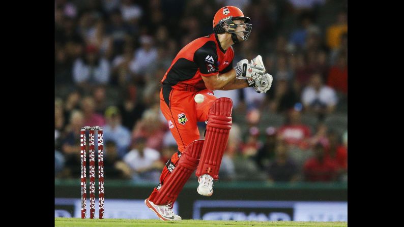 Cameron White of the Melbourne Renegades gets hit in the groin during a Big Bash League cricket match against Brisbane Heat in Melbourne, Australia, on Saturday, December 23.