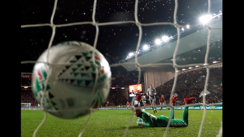 Bristol City's Joe Bryan scores his team's first goal during a Premier League match against Manchester United in Bristol, England, on Wednesday, December 20. Bristol City won 2-1.