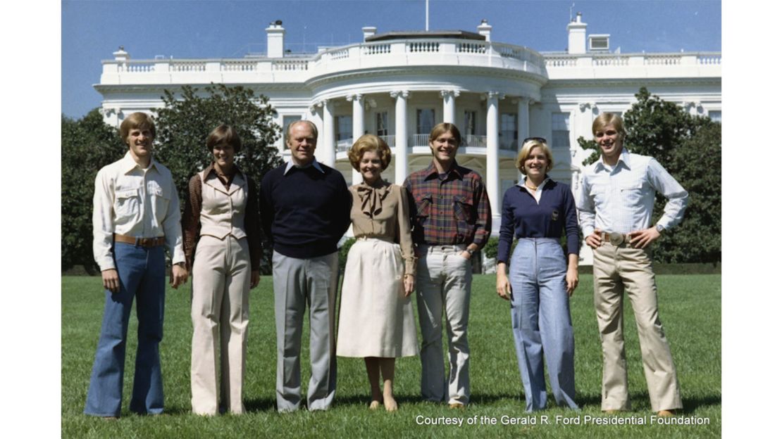 The Ford family poses on the South Lawn, with the Jackson Magnolia visible on the left.