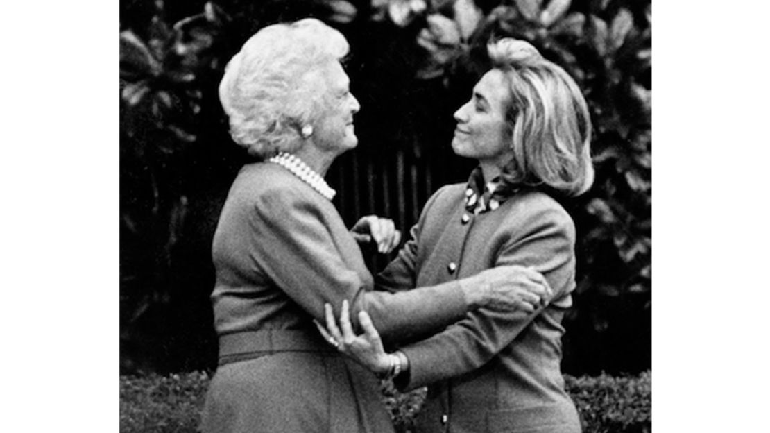Then-first lady Barbara Bush gives Hillary Clinton a White House tour in 1992.