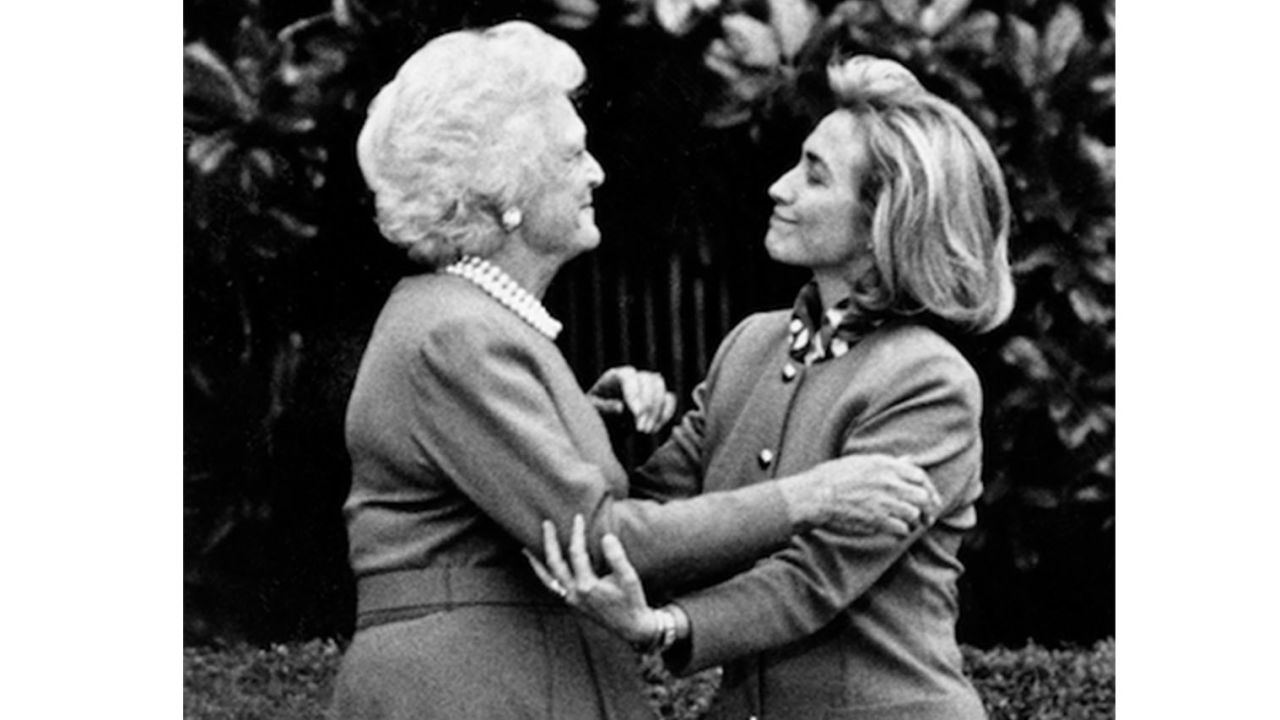 Then-first lady Barbara Bush gives Hillary Clinton a White House tour in 1992.