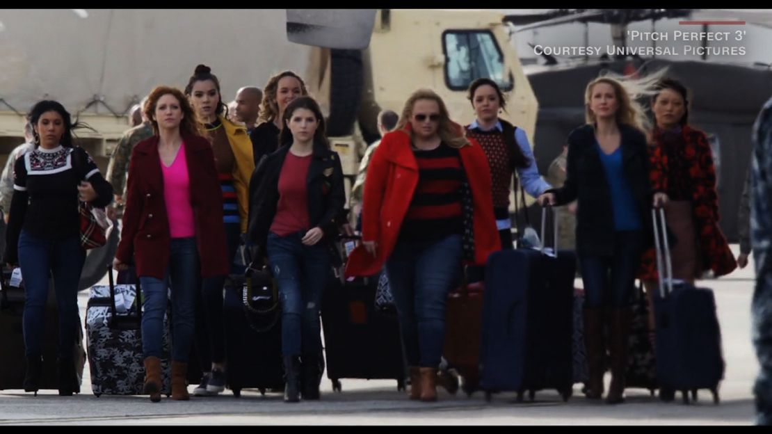 In "Pitch Perfect," Anna Kendrick (center) as Beca Mitchell and Rebel Wilson (second from right) as Fat Amy play members of a cappella group The Barden Bellas.