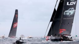 LDV Comanche, right, trails Wild Oats XI as they enter open water during the start of the Sydney Hobart yacht race in Sydney, Tuesday, Dec. 26, 2017. The 630-nautical mile race has 102 yachts starting in the race to the island state of Tasmania. (AP Photo/Rick Rycroft)