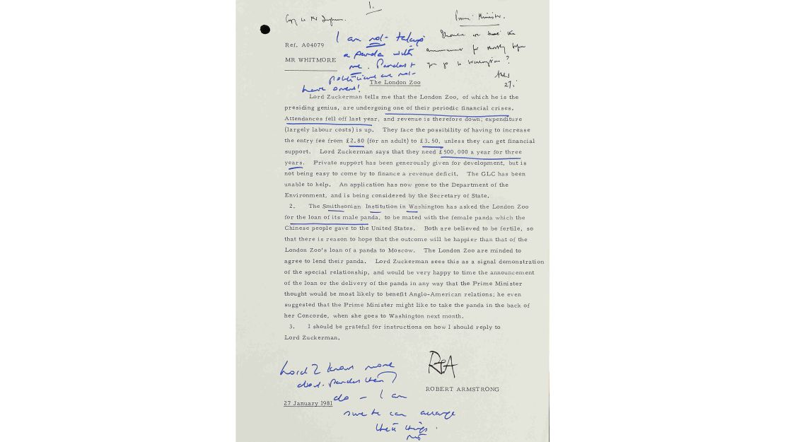 Margaret Thatcher's hand-written notes in response to the request to take a panda on her plane. 