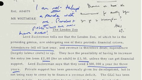 Margaret Thatcher's hand-written notes in response to the request to take a panda on her plane.