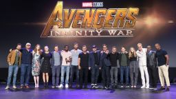 ANAHEIM, CA - JULY 15:  (L-R) Actors Sebastian Stan, Dave Bautista, Karen Gillan, Pom Klementieff, Benedict Cumberbatch, Chadwick Boseman, Josh Brolin, and Chris Hemsworth, producer Kevin Feige, and actors Robert Downey Jr., Mark Ruffalo, Tom Holland, Elizabeth Olsen, Paul Bettany, Don Cheadle, and Anthony Mackie of AVENGERS: INFINITY WAR took part today in the Walt Disney Studios live action presentation at Disney's D23 EXPO 2017 in Anaheim, Calif. AVENGERS: INFINITY WAR will be released in U.S. theaters on May 4, 2018.  (Photo by Jesse Grant/Getty Images for Disney)