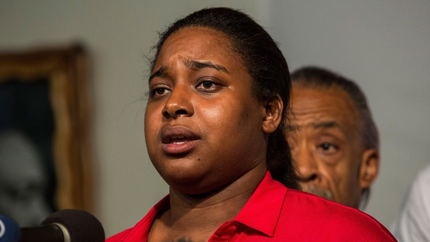 NEW YORK, NY - JULY 14:  Erica Garner, Eric Garner's daughter, attends a press conference held with her familiy members and the Reverand Al Sharpton calling for further justice and legal action against the police officers responsible in the death of Eric Garner on July 14, 2015 in New York City. Garner died in July, 2014 when police subdued him with a chokehold under suspicion of selling loose cigarettes.  (Photo by Andrew Burton/Getty Images)