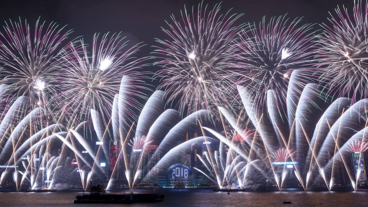 Fireworks explode over Victoria Harbour during New Year celebrations in Hong Kong.