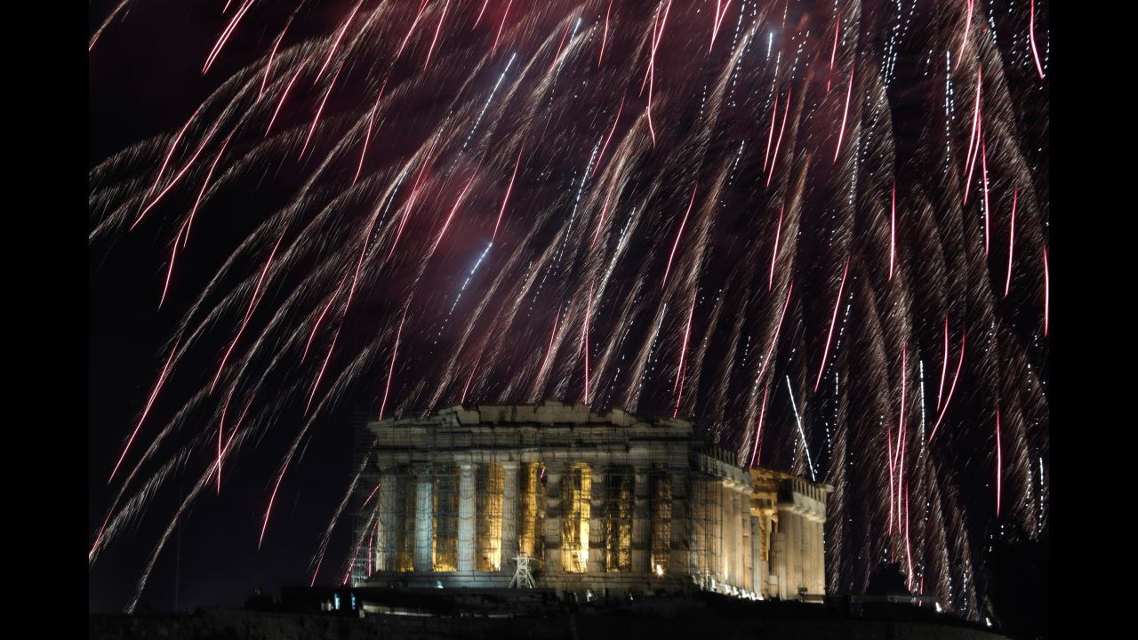 The Parthenon temple is seen during New Year's celebrations in Athens, Greece.