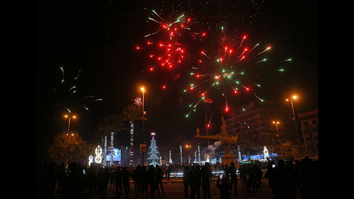 Fireworks illuminate the sky in Baghdad, Iraq.