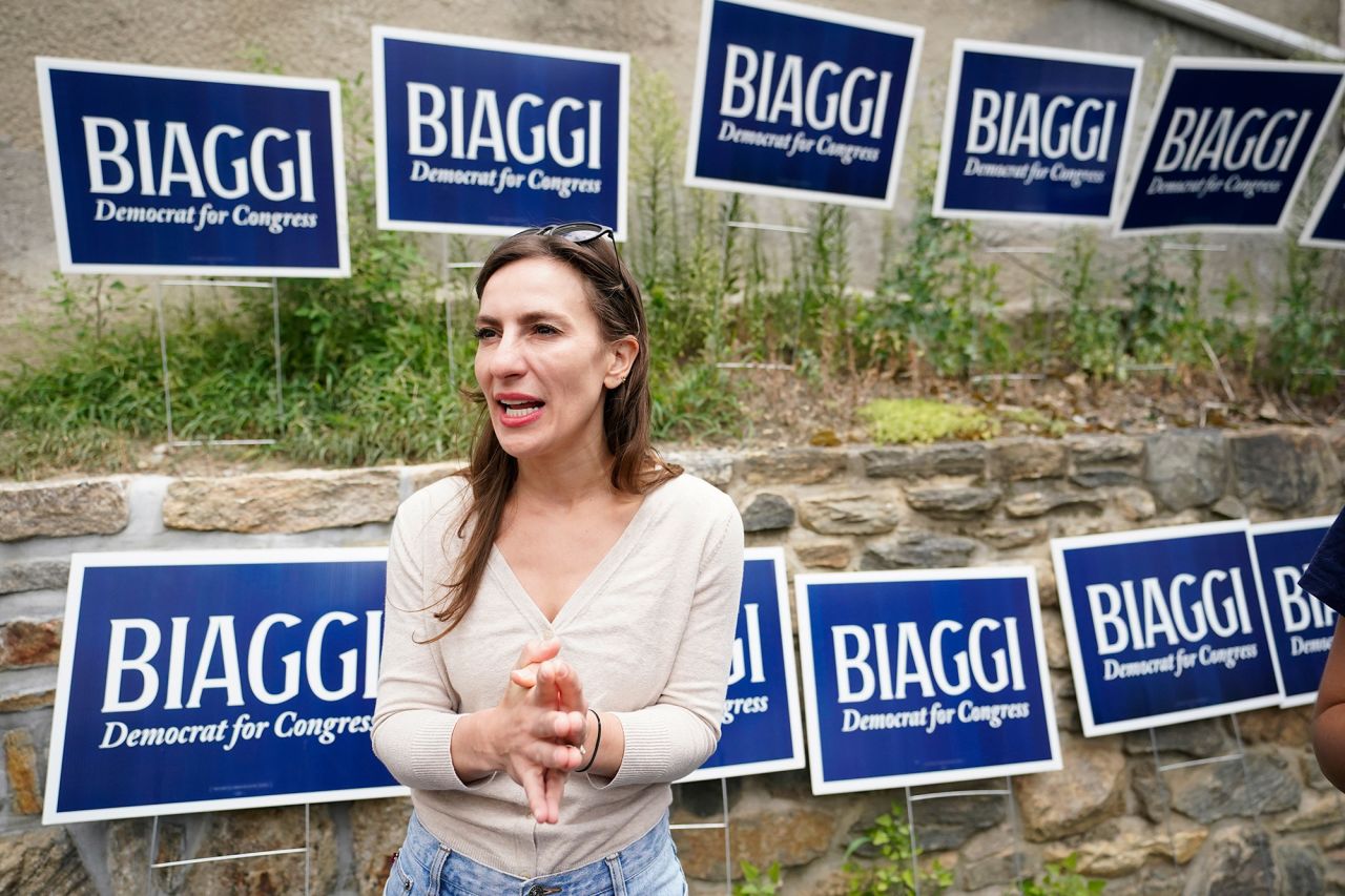 New York 17th Congressional District Democratic primary candidate state Sen. Alessandra Biaggi speaks to the press during a canvass launch event for her campaign in Sleepy Hollow, N.Y., on Saturday, Aug. 13, 2022.