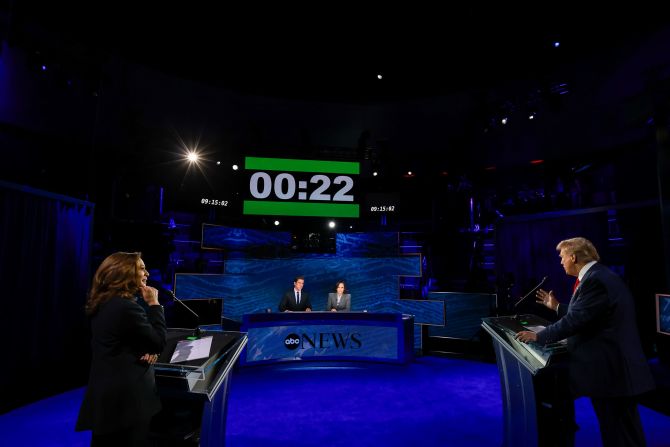 A countdown clock over debate moderators David Muir and Linsey Davis shows how much time Trump has left to answer a question during his <a href="https://www.cnn.com/2024/09/10/politics/gallery/debate-trump-harris-photos/index.html">presidential debate</a> with Harris on September 10. The debate, which took place in Philadelphia, was the first time Trump and Harris had met.