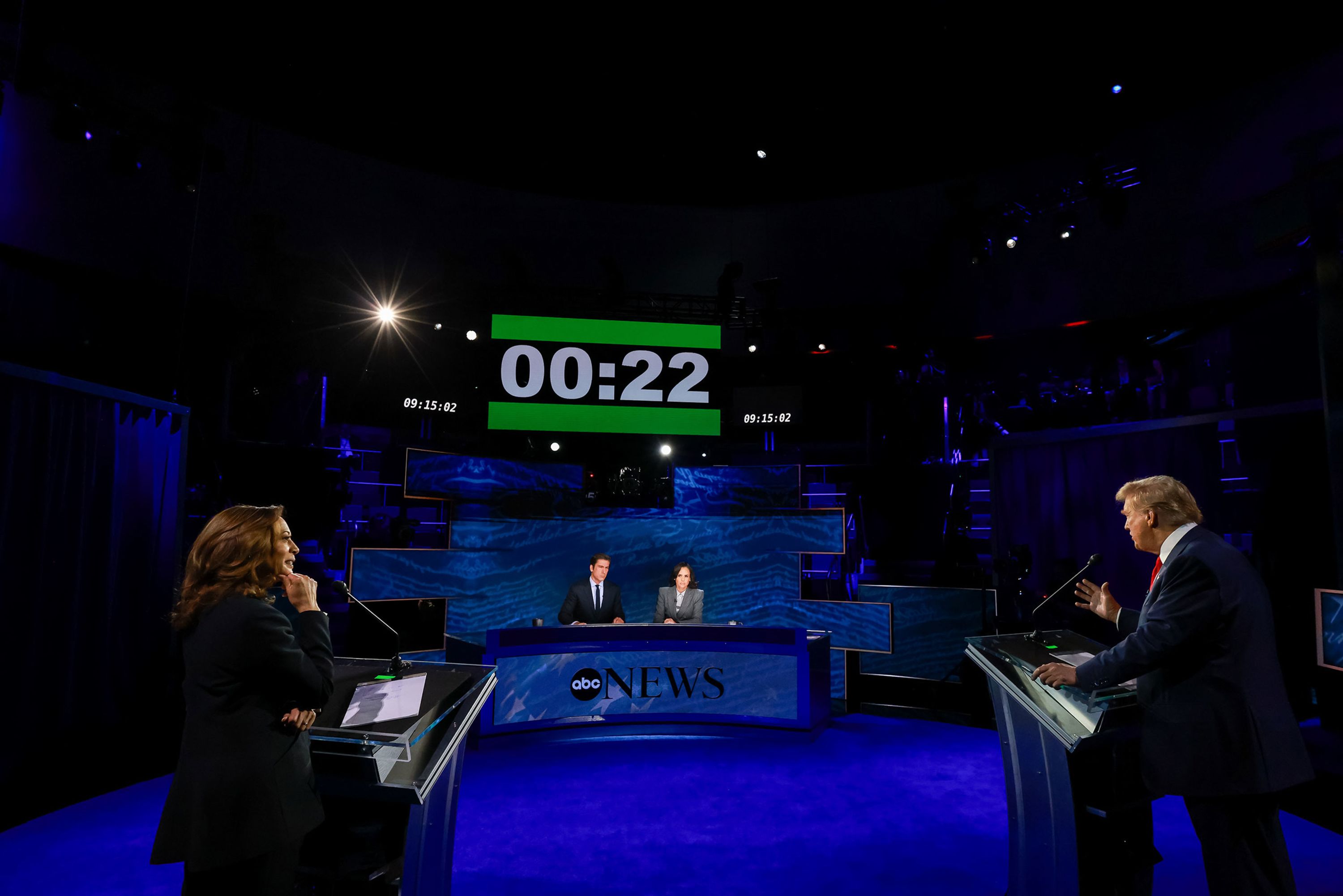 A countdown clock over debate moderators David Muir and Linsey Davis shows how much time former President Donald Trump has left to answer a question during Tuesday’s debate with Vice President Kamala Harris.