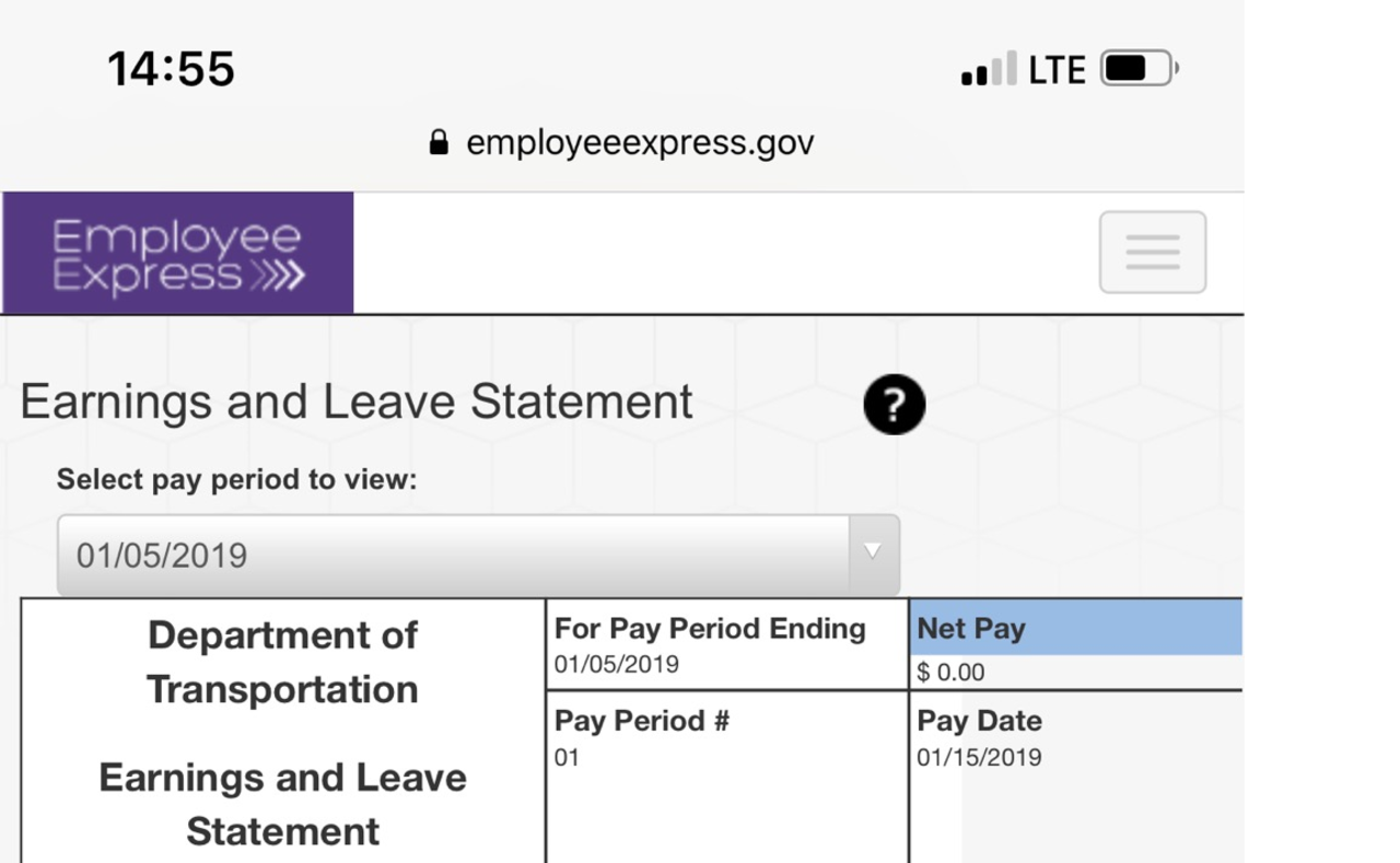 William Striffler's pay stub shows $0.00 net pay as a result of the partial government shutdown. 