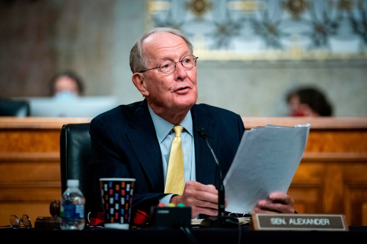 Senator Lamar Alexander, a chairman of the Senate Health Education Labor and Pensions Committee, speaks during a hearing on the US response to the coronavirus pandemic on Capitol Hill in Washington, DC, on June 30.