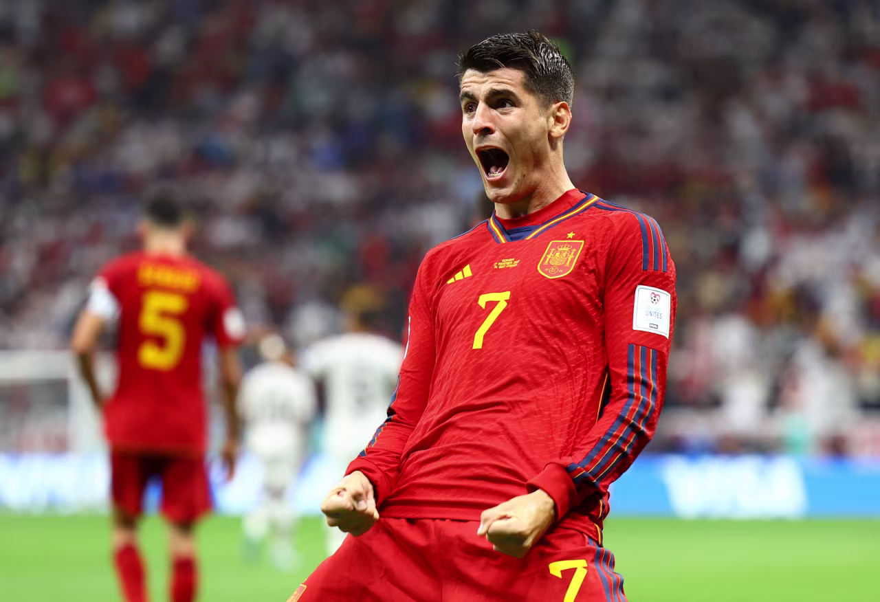 Álvaro Morata celebrates scoring Spain's first goal at Al Bayt Stadium in Al Khor, Qatar on Sunday.