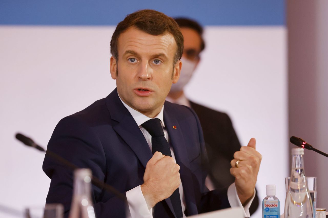 French President Emmanuel Macron delivers a speech at the end of the One Planet Summit held at the Elysee Palace, in Paris, France on January 11, 2021.