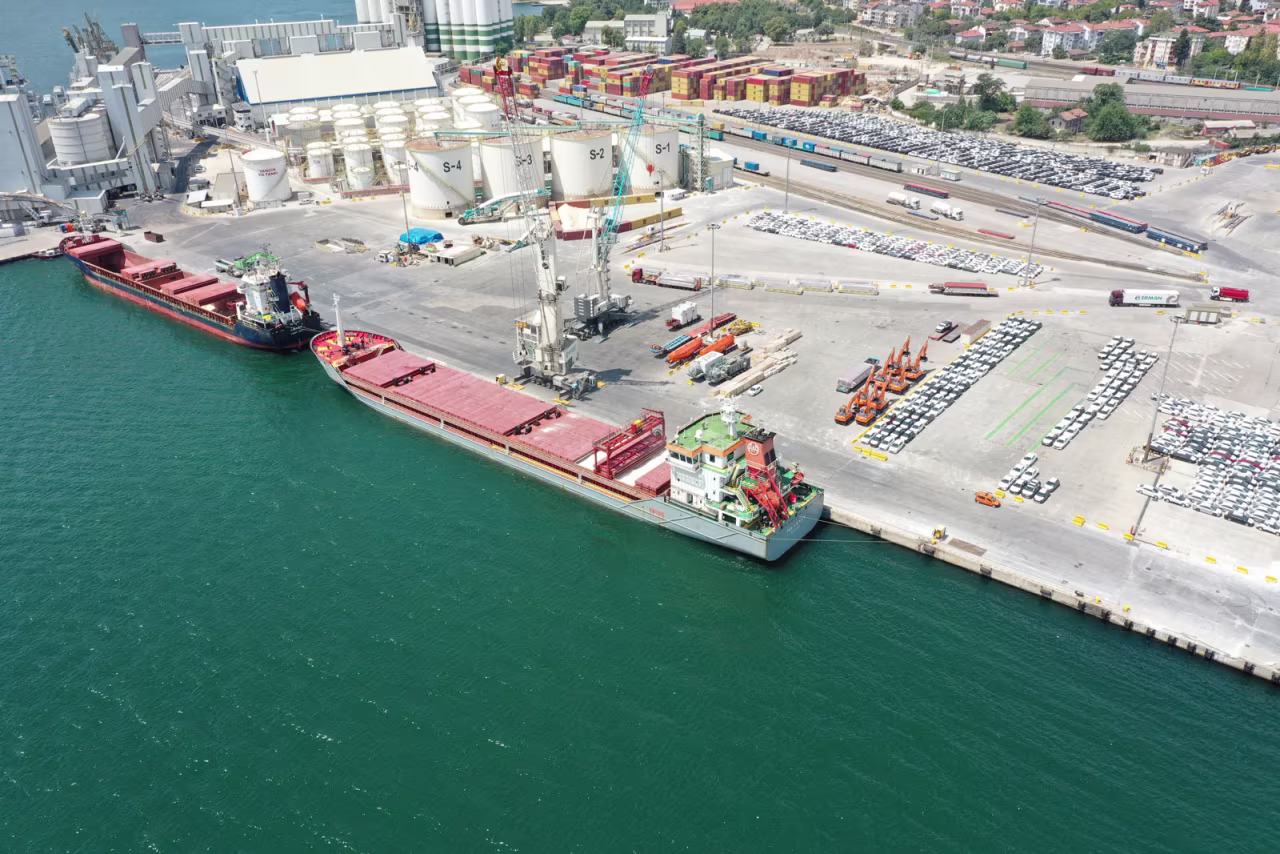 An aerial view of the Turkish-flagged ship Polarnet carrying grain from Ukraine at the Derince Port, Kocaeli, Turkey on Monday.