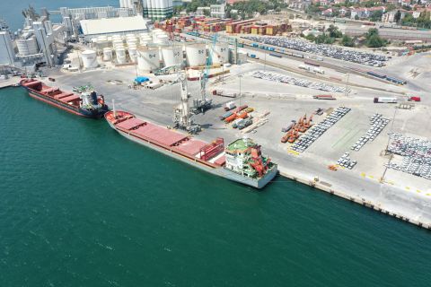 An aerial view of the Turkish-flagged ship Polarnet carrying grain from Ukraine at the Derince Port, Kocaeli, Turkey on Monday.