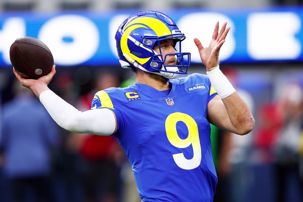 Matthew Stafford #9 of the Los Angeles Rams warms up before the NFC Championship Game against the San Francisco 49ers at SoFi Stadium on January 30, in Inglewood, California.