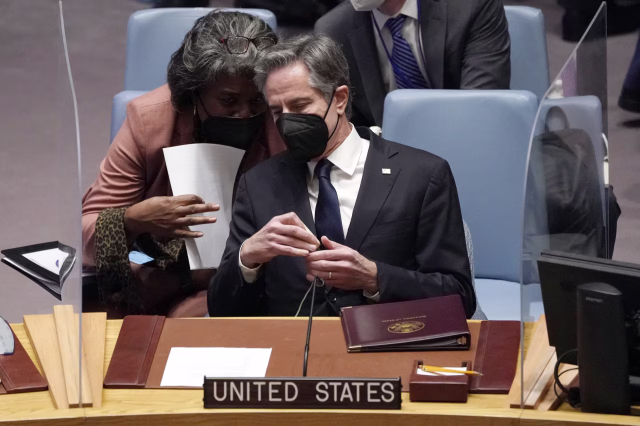 US Secretary of State Antony Blinken and US Ambassador to the UN Linda Thomas-Greenfield at the UN in New York on February 17.