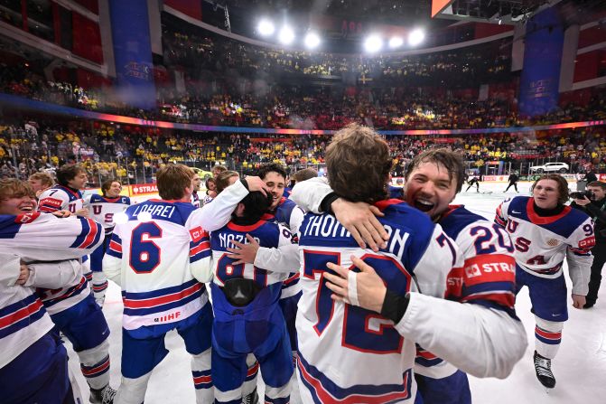US hockey players celebrate after <a  target="_top" href="/newspapers?url=https://www.cnn.com/2025/05/25/sport/usa-hockey-team-wins-iihf-world-championship-spt">winning the IIHF World Championship tournament</a> on Sunday, May 25. It’s the first time Team USA has won the tournament since 1933.