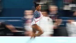 TOPSHOT - US' Simone Biles competes in the vault event of the artistic gymnastics women's team final during the Paris 2024 Olympic Games at the Bercy Arena in Paris, on July 30, 2024. (Photo by Anne-Christine POUJOULAT / AFP) (Photo by ANNE-CHRISTINE POUJOULAT/AFP via Getty Images)