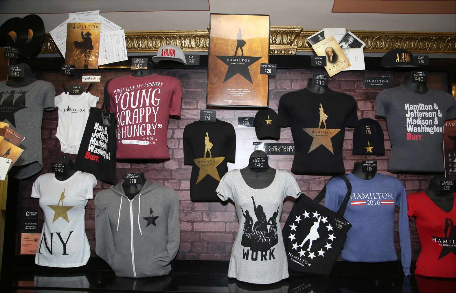 "Hamilton" merchandise is displayed at the Richard Rodgers Theatre in October 2016.